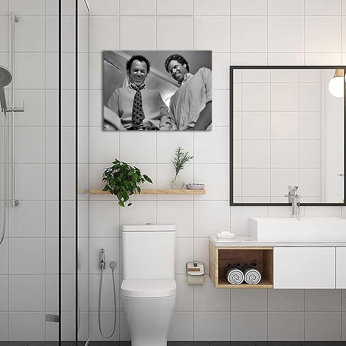 Framed Funny Movie Bathroom Canvas Wall Art Set of 2 – Black and White Vintage - Image 6