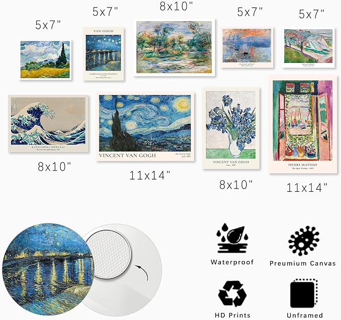 Vintage Eclectic Wall Decor Set of 9, Abstract Eclectic Prints Matisse Van Gogh - Image 5