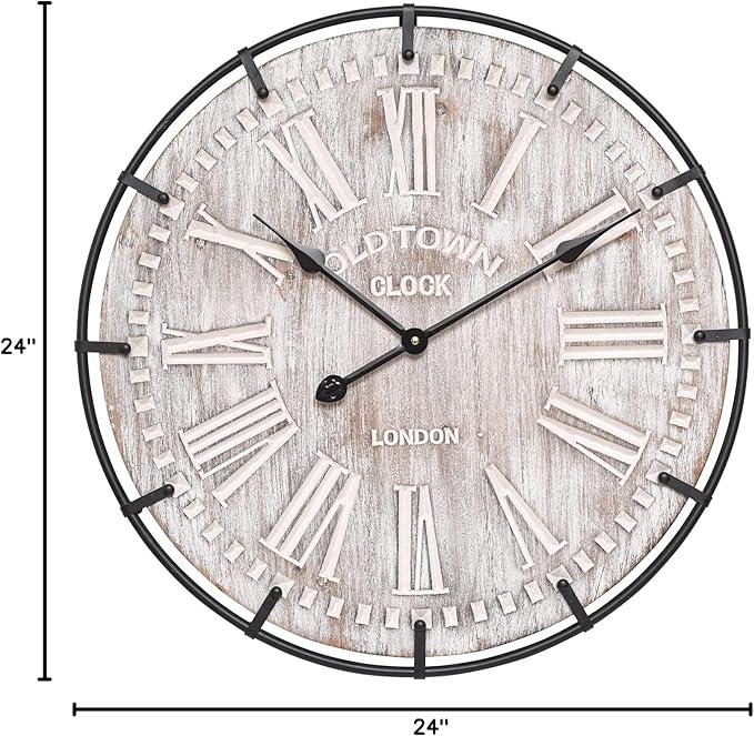 EMAX HOME 24 Inch Large Farmhouse Wall Clock, Rustic Antique Wood - Image 7