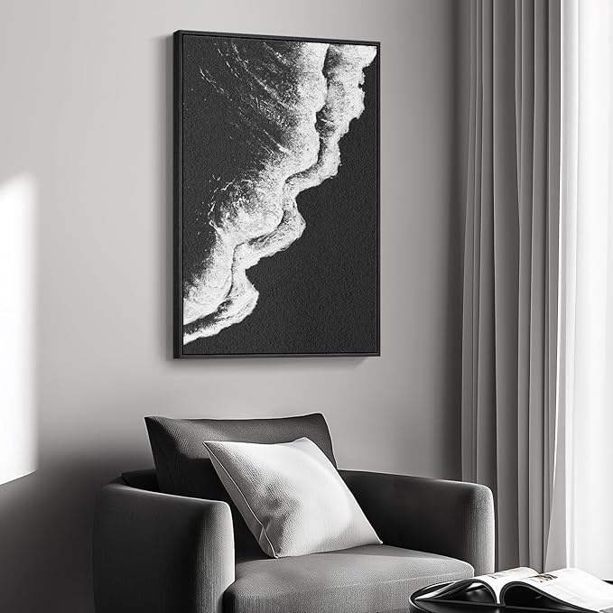 Framed Black and White Abstract Beach Canvas Wall Art, Modern Minimalist Art - Image 2