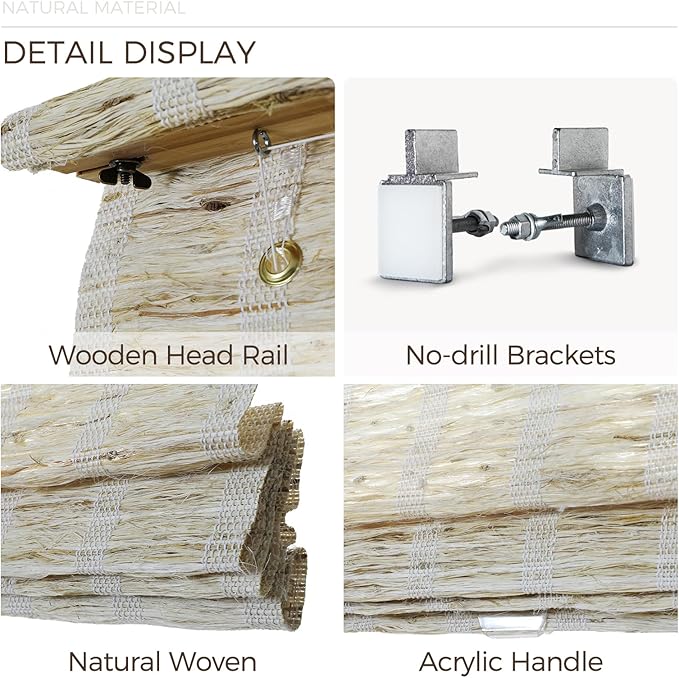 TWOPAGES Natural Woven No Drill Roman Shades, Custom Cordless Light Filtering - Image 5