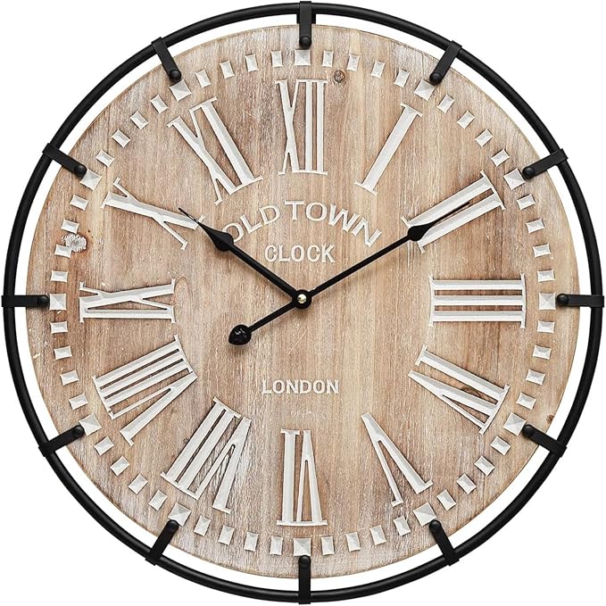 24 Inch Large Farmhouse Wall Clock, Rustic Wooden Wall Clock Decorative by MACVAD