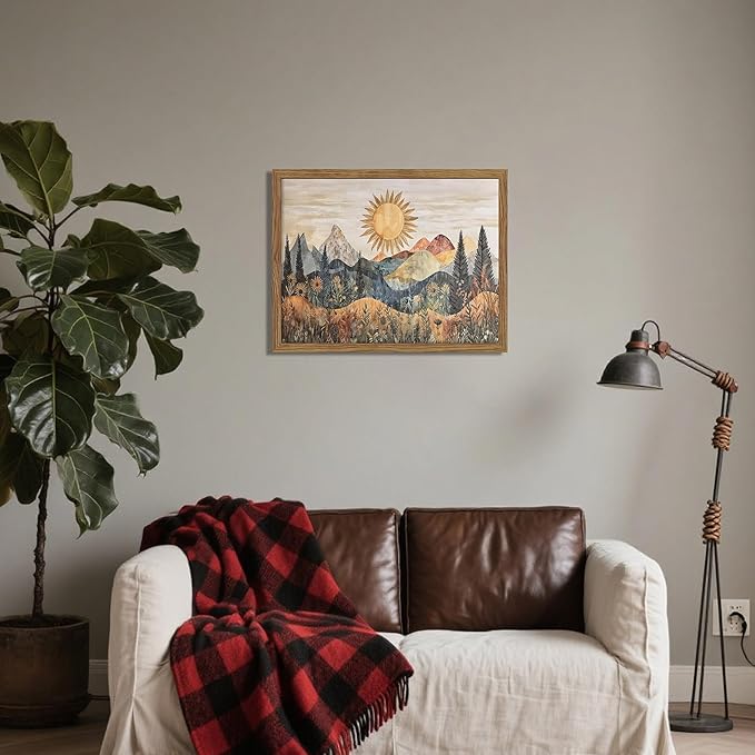 Framed Boho Sun Canvas Wall Art, Modern Abstract Mountain Landscape Painting - Image 6