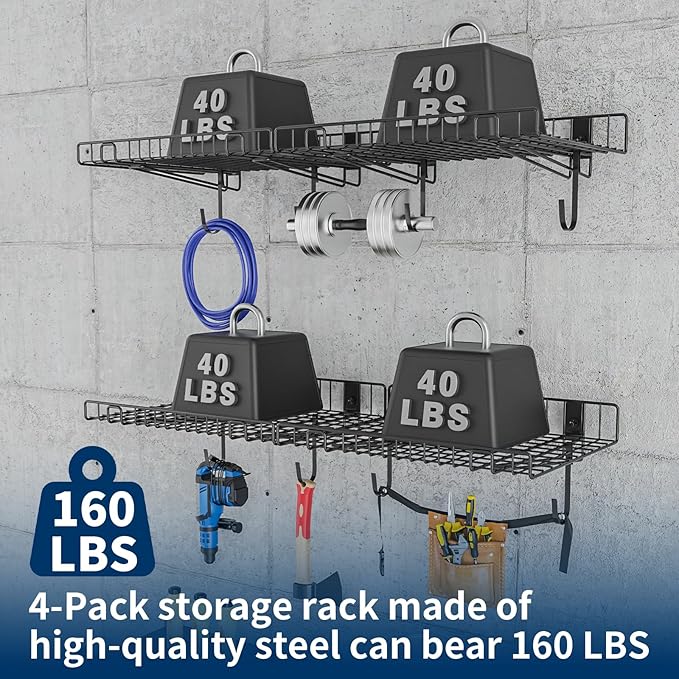 4 Pack Garage Wall Shelf, Wall Mounted Storage Shelves, Heavy Duty Metal Shelves - Image 4