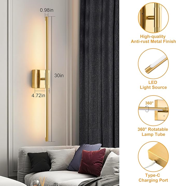 Morauroral 30″ Gold Battery Operated Wall Sconces Set of 2, Dimmable Wall - Image 6