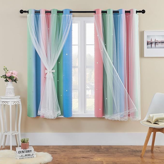 XiDi Curtains for Bedroom Decor, Rainbow Pink GreenBlue52/54/1 by Addsomecolortolife