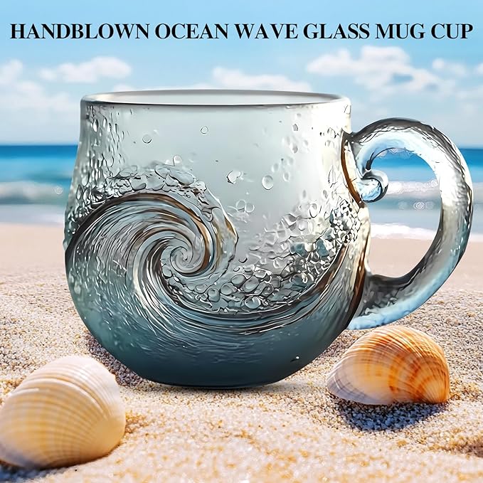 Sea Glass Wave Mug, 12 oz Handblown Ocean Wave Glass Mug Cup, Textured Sea Wave Design, Unique Glassware for Tea, Coffee, Cocktails, Beach Lovers & Gift Giving 1PCS