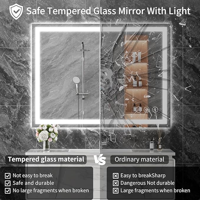 Koonmi 40"x30" LED Mirror for Bathroom, 90CRI Anti-Fog Vanity Mirror - Image 4