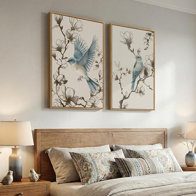 Framed Vintage Botanical Bird Wall Art, 2 Piece Neutral Minimalist Floral - Image 2