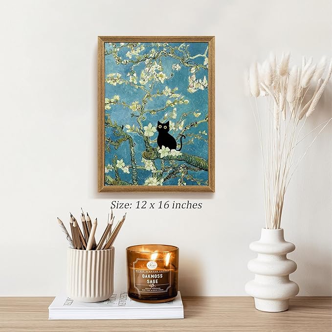 Fantasy Artists Van Gogh's Almond Blossom Funny Black Cat Canvas Wall Art - Image 5