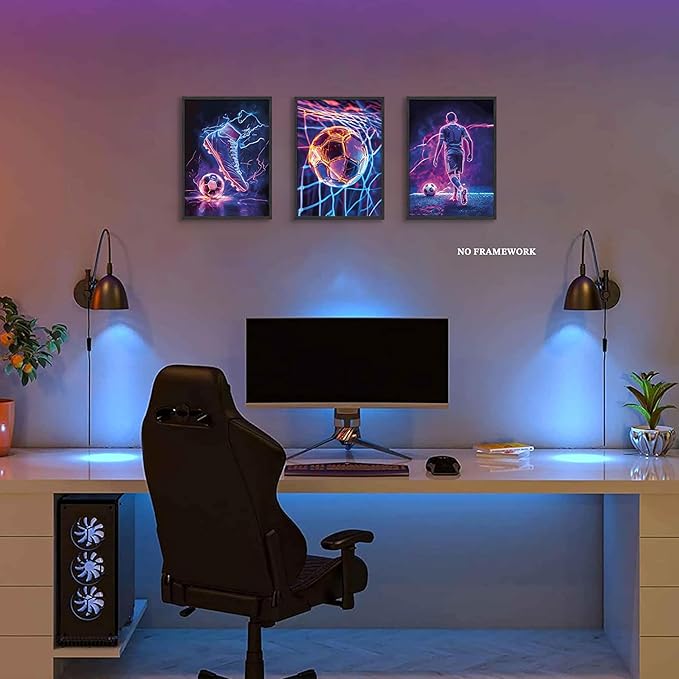 BGFCE Cool Soccer Gaming Wall Art Posters Set of 3, Neon Video Gamer Canvas - Image 2