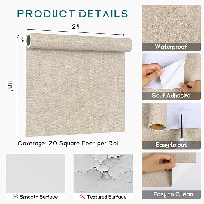 VEELIKE Beige Glasscloth Peel and Stick Wallpaper Textured 24''x118'' - Image 9