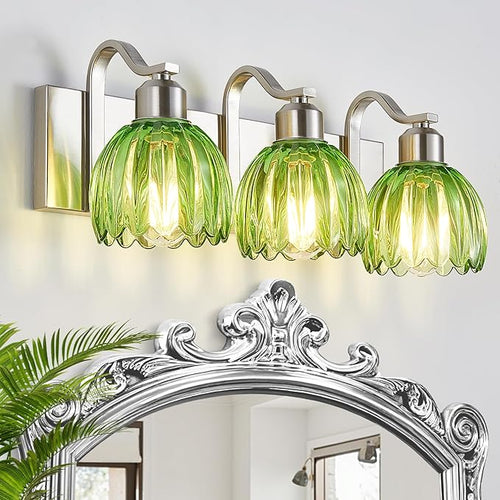 3-Light Vanity Lights with Green Tulip Glass Shade, Brushed Nickel Bathroom by AIXIALIN