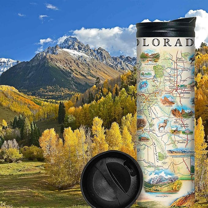 Xplorer Maps Colorado Map 16 Oz Travel Drinkware with Spill-Resistant Lid - Stainless Steel Vacuum Insulated Coffee Tumbler