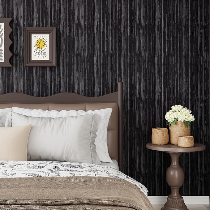 CRE8TIVE Black Grasscloth Wallpaper Peel and Stick Textured Black Wallpaper - Image 2