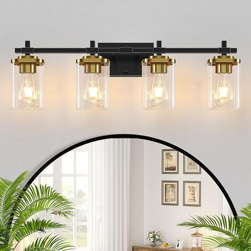 4-Lights Black and Gold Bathroom Vanity Light, Modern Bathroom Wall Sconces by Spiglamm