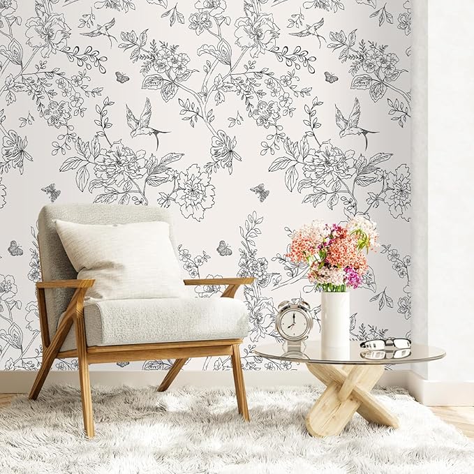 Froluya Black and Cream White Floral Wallpaper Peel and Stick Wallpaper - Image 4