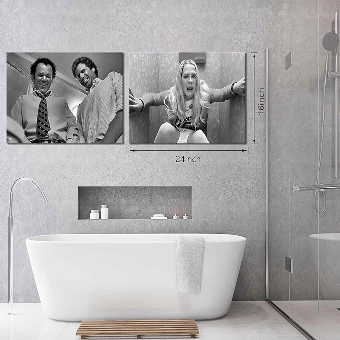 Framed Funny Movie Bathroom Canvas Wall Art Set of 2 – Black and White Vintage - Image 3
