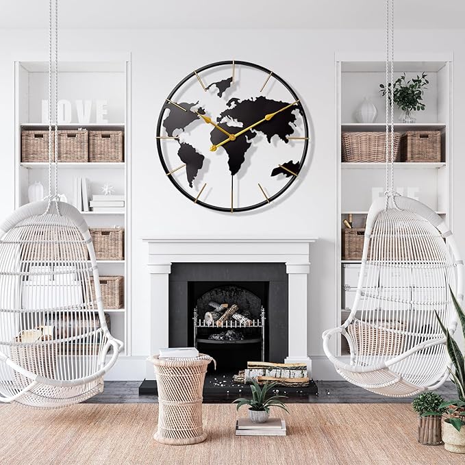 Large World Map Wall Clock, Metal Minimalist Modern Clock, Round Silent - Image 6