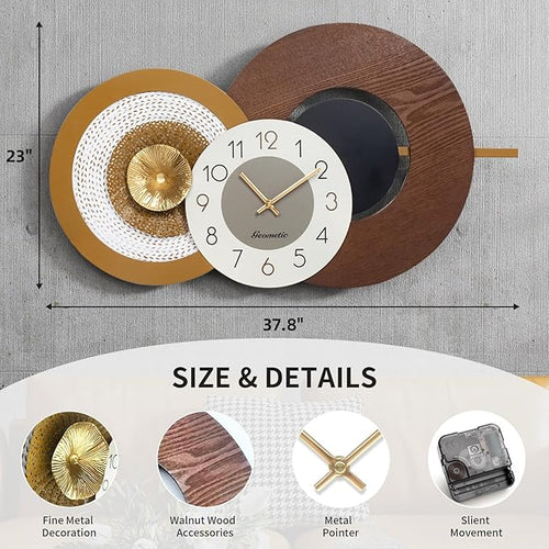 37.8x23 Inch Large Mid-Century Modern Wall Clock, Oversized Wood and Metal - Image 2
