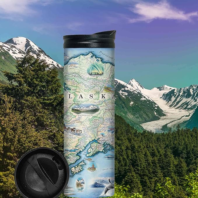 Xplorer Maps Alaska Map 16 Oz Travel Drinkware with Spill-Resistant Lid - Stainless Steel Vacuum Insulated Coffee Tumbler
