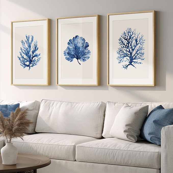Framed Coastal Coral Wall Art for Living Room, Large Navy Blue Watercolor Coral by Cuspin