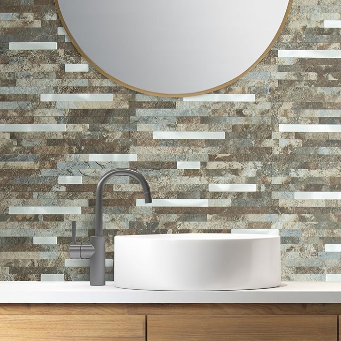 AULIGET 2 Sheets Beige & Brown Slate Peel and Stick Backsplash, PVC Mixed Metal - Image 4
