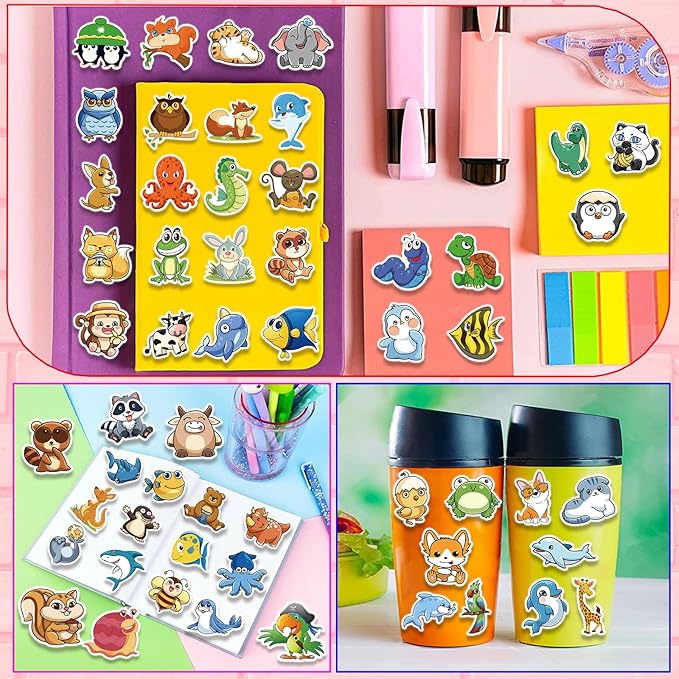 300 PCS Animal Stickers for Kids, Cute Waterproof Vinyl Stickers for Water Bottles, Laptops, Scrapbooks, and Classroom Rewards, Animal Cartoon Stickers Pack with Gift Box for Girls Boys Teens