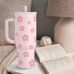 SANDJEST Floral Tumbler with Handle and Straw 40oz Stainless Sleel Slider Tumbler Travel Coffee Mug for Women - Gift Idea for Birthday Christmas
