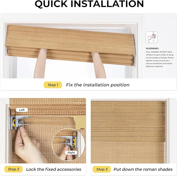 UNISHADES No Drill Cordless Bamboo Roman Shades, Light Filtering Woven Natural - Image 3