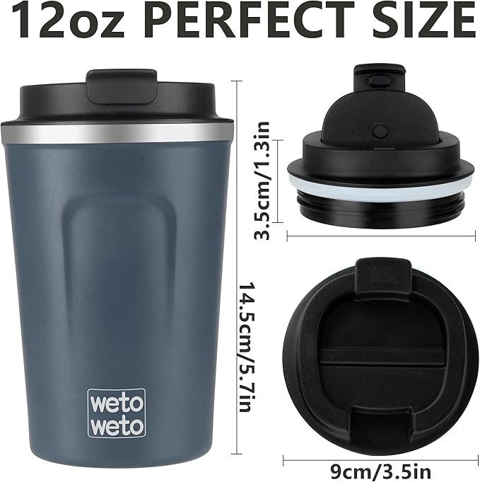 WETOWETO 12oz Reusable Coffee Cup, Coffee Travel Mug with Lid, Spill Proof Thermal Mug, Double-Walled Insulated Cup, Stainless Steel Portable Cup for Hot and Cold Drinks(Blue)