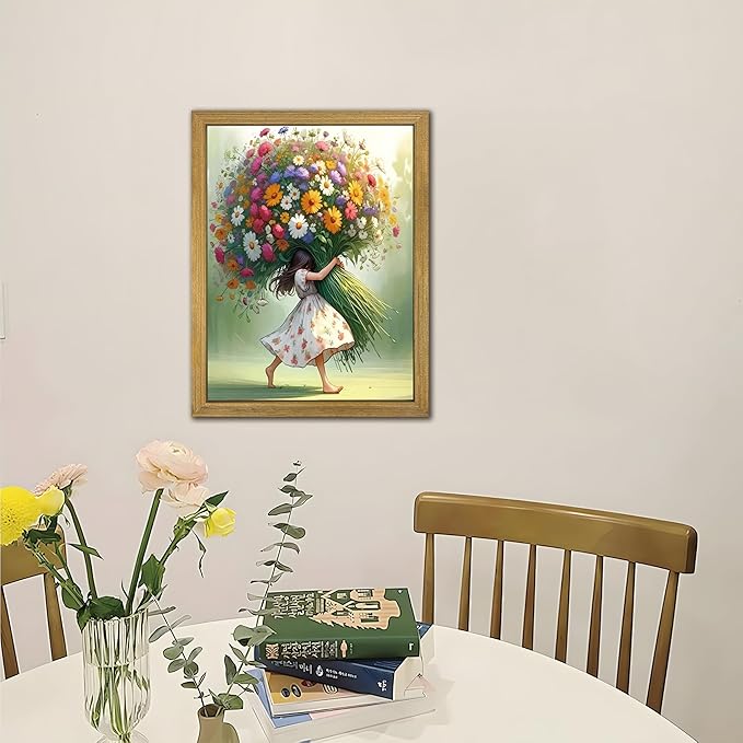 Wood Framed Pink Wildflower Canvas Wall Art, Girl Hugging Flowers Poster Prints - Image 7