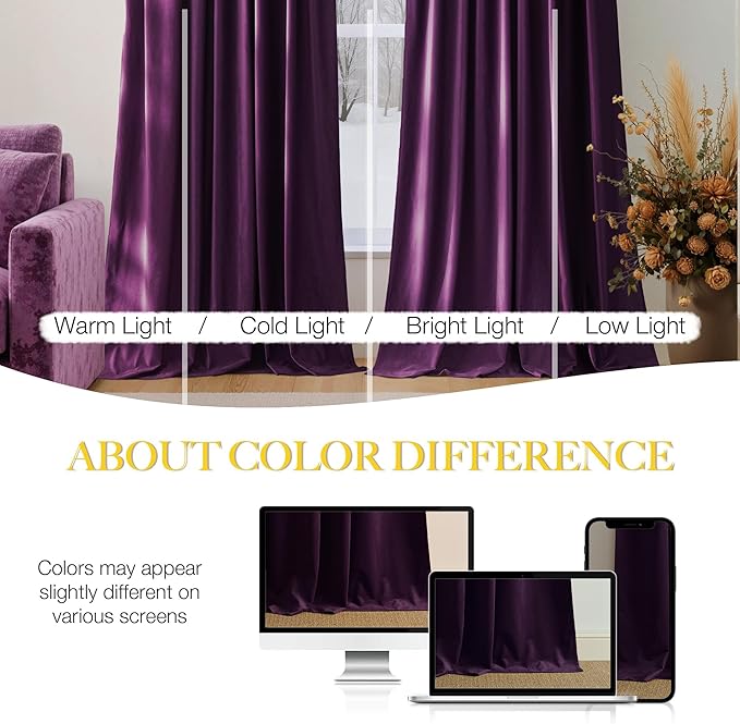 NICETOWN Blackout Purple Gothic Velvet Curtains 96 inch Long, Dark Purple - Image 4