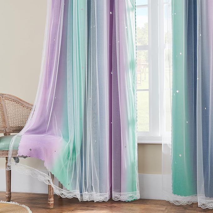 XiDi Curtains for Bedroom Decor, Rainbow Purplgreen grey34/45 - Image 4