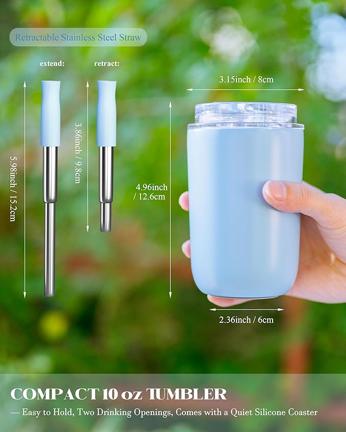 10 oz Insulated Coffee Tumblers, Travel Coffee Tumblers with Straw, Double-Wall Stainless Steel Tumbler, Leak Proof Tumbler, Reusable Cups with Lids for lced and Hot Drinks (Blue)