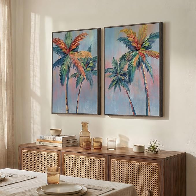 Framed Coastal Colorful Palm Tree Wall Art Bedroom, Pop Art Paintings Prints - Image 2