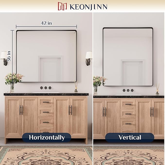 Keonjinn Black Bathroom Mirror for Over Sink, 42 x 36 Inch Large Rounded - Image 8
