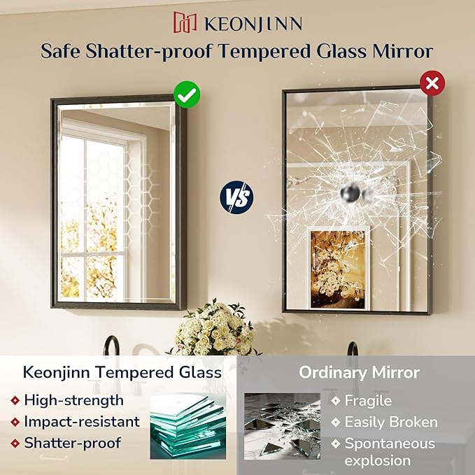 Keonjinn 42" x 36" Black Bathroom Vanity Mirror, Brushed Black Metal Framed - Image 6