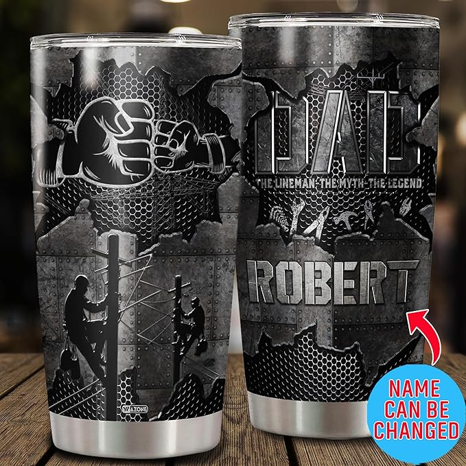 WAZONE Personalize Lineman Tumbler With Lid Custom Name Vacuum Insulated Cup Travel Mug Stainless Steel 20oz 30oz Gift Birthday Christmas Presents For Line Worker Father Dad Men Him