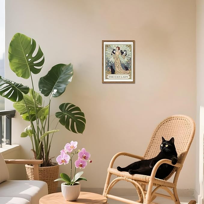 Framed Black Cat Wall Art, Vintage The Cat Lady Tarot Canvas Wall Decor - Image 2