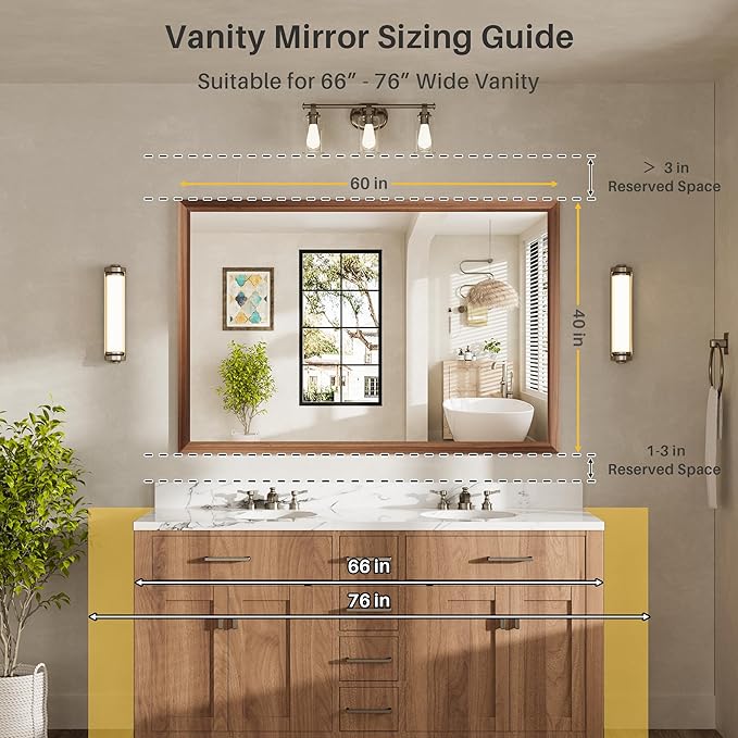 60x40 Inch Bathroom Mirror for Wall, Anti-Rust Walnut Wood Grain Metal Framed - Image 2