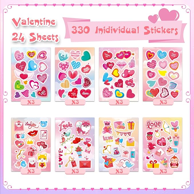 24 Sheets Valentines Day Stickers for Kids, 330 Pcs Valentines Stickers Bulk Stuff for Gift Cards Scrapbook Crafts Decor（110 Unique Designs 3 Each ）