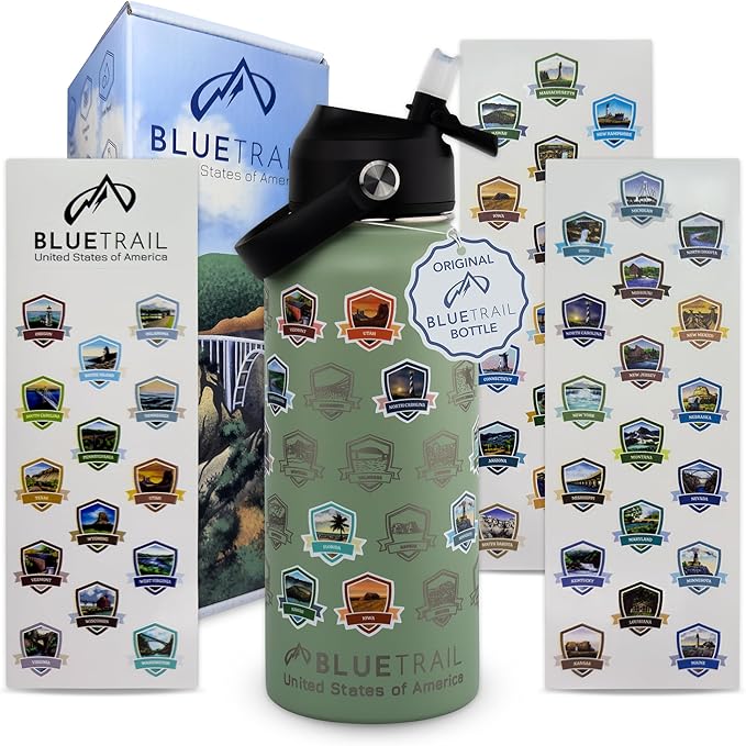 BlueTrail 50 States Water Bottle with Stickers - 32 oz Insulated Stainless Steel, Upgraded Leak-Proof Lid, UV & Waterproof Permanent Stickers, Laser Engraved 50 States of the USA (Pale Mint)