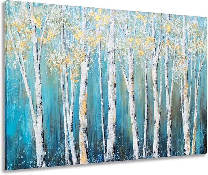 Yihui Arts Birch Tree Canvas Wall Art Hand Painted Teal and White Color Painting by YihuiArts