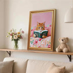 Fantasy Artists Gold Framed Wall Art Prints, Cute Orange Cat Reading a Green - Image 4