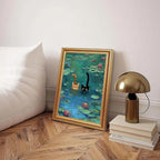 Fantasy Artists Gold Framed Wall Art Prints, Two Swimming Cats in Lotus Pond - Image 4