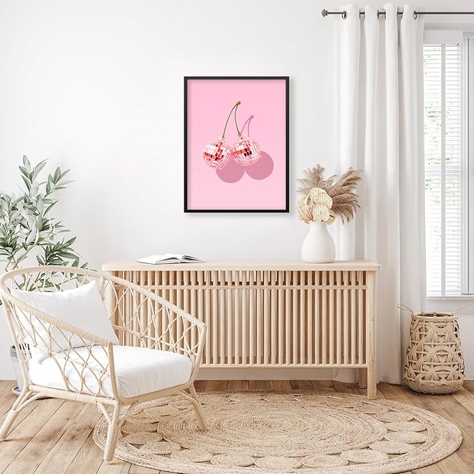 Funky Pink Cherry Poster Retro Disco Ball Canvas Wall Art 12X16 inch Black - Image 5