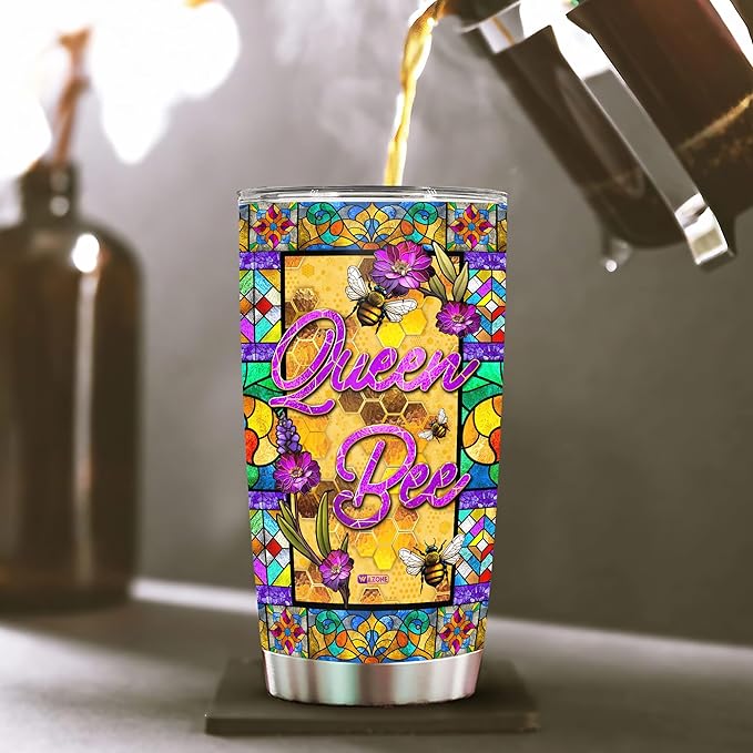 WAZONE Personalized Queen Bee Tumbler Customize Name Insulated Cup Stainless Steel Colorful Style Travel Coffee Mug With Lid 20oz 30oz Christmas Birthday Gifts For Animal Lovers Women Girls