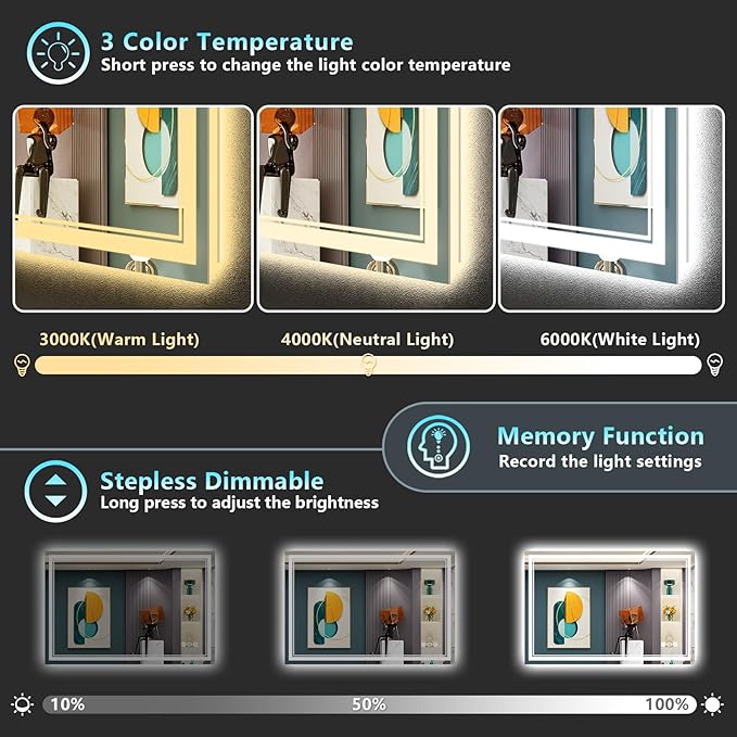 48x28 LED Bathroom Mirror with Lights, Backlit and Front Lit Anti-Fog Lighted - Image 4