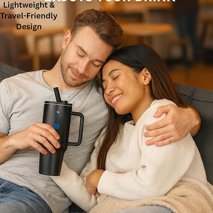 Stainless Steel Insulated Tumbler with Handle & Flip Straw - Leakproof Travel Mug for Hot & Cold Drinks - Reusable tumbler with Lid, Keeps Hot 6–8 Hours & Cold 8–10 Hours, Black | 40 oz |